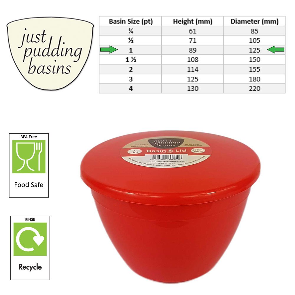 Pack of 2 1 Pint Plastic Pudding Basin & Lid 570ml 