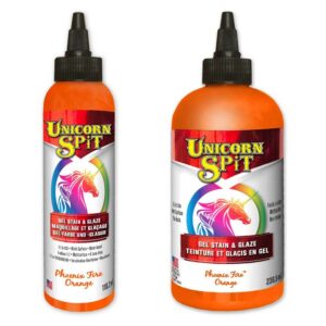 Orange Unicorn SPiT - Phoenix Fire, allows anyone to turn ordinary objects into personalised MASTERPIECES! Use on wood, glass, metal, fabric, pottery, wicker, concrete and laminate. Ideal for creating new – or – refinishing thousands of projects. Excellent for crafters, hobbyists, DIYers and pros alike!ORANGE PAINT, GEL STAIN and GLAZE in One!Make your project as opaque or vibrant as your dreams requireUse as a paint or dilute with water to create a gel, glaze, stain, white wash or antiquing tintPenetrates deep into bare wood grain or glazes over existing finishes, brightening and highlighting painted surfacesProvides a 3-dimensional effectJasmine scentedOrange Unicorn SPiT mixes with the Sparkling SPiT rangeRed Paint, Gel & Stain < Back | Next > Yellow Paint, Gel & StainDIRECTIONS FOR USE AS A LIGHT GLAZE, WHITE WASH OR ANTIQUING AGENT:SHAKE BEFORE USINGDilute Unicorn SPiT up to 30% with water to make a light glaze, white wash or antiquing agent. Diluting Unicorn SPiT with water allows you to control the opaqueness. Add 10 parts Unicorn Spit in a re-sealable container to be diluted with water. Test the dilution on a small, dry, clean sample piece of the same substrate as your project, gradually adding up to 3 parts water until the desired effect is achieved.Apply the diluted Unicorn SPiT to the surface once it is completely void of all oil, dirt, grime, paint, stain, or anything that may inhibit the product from making contact with the surface to antique, age, paint, highlight or lowlight.Continue to add or blend multiple colours to the surface in separate areas creating designs to achieve the desired look.Once dry, use a soft (dry or damp) cloth to polish away Unicorn SPiT until your desired effect has been achieved.Apply to unsealed chalk or mineral style paint to create custom colour highlighting and lowlighting before sealing.Allow to dry. Dry time is approximately 30-60 minutes (depending on material, humidity and temperature) or until a chalky finish appears.Seal with any oil-based coating/sealer. For better protection and a higher gloss, repeat coats of sealer as indicated on the product’s instructions. High Gloss Sealers will help achieve a three dimensional look.DIRECTIONS FOR USE AS A STAIN OR DYE:SHAKE BEFORE USING.Dilute Unicorn SPiT up to 50% with water to make stain. Diluting Unicorn SPiT with water allows you to control the opaqueness and absorption into the porous surface. Add 10 parts Unicorn Spit in a re-sealable container to be diluted with water. Test the dilution on a small, dry, clean and bare sample piece of the same substrate as your project, gradually adding up to 5 parts water until the desired effect is achieved.Apply the diluted Unicorn SPiT to the bare surface once it is completely void of all oil, sealer, dirt, grime, paint, stain, or anything that may inhibit the product from making contacting with the bare porous surface.Continue to add or blend multiple colours to the surface in separate areas creating designs to achieve the desired look.Allow to dry. Dry time is approximately 30-60 minutes (depending on material, humidity and temperature) or until a chalky finish appears.After drying, lightly buff the surface with a fine grade sand paper (120-220 grit) or extra-fine steel wool (following the grain) to remove any excess or clumps.Dust off thoroughly.Seal with any oil-based coating/sealer. For better protection and a higher gloss, repeat coats of sealer as indicated on the product instructions. High Gloss Sealers will help achieve a three dimensional look.TIPS TO CREATE VARIOUS FINISHES: Intermingle chalky paint finishes or metallic spray paint with Unicorn SPiT to achieve unique finishes. Topcoats must be oil-based. Water-based coatings will alter the look of Unicorn SPiT.CUSTOM COLOURS: Most water-based paints (chalk style or mineral based) can be mixed with Unicorn SPiT to create custom colours.If you have any further questions then visit our Unicorn SPiT FAQ SectionSafety Data Sheet can be download here.