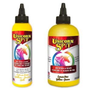 Yellow Unicorn SPiT - Lemon Kiss, allows anyone to turn ordinary objects into personalised MASTERPIECES! Use on wood, glass, metal, fabric, pottery, wicker, concrete and laminate. Ideal for creating new – or – refinishing thousands of projects. Excellent for crafters, hobbyists, DIYers and pros alike!YELLOW PAINT, GEL STAIN and GLAZE in One!Make your project as opaque or vibrant as your dreams requireUse as a paint or dilute with water to create a gel, glaze, stain, white wash or antiquing tintPenetrates deep into bare wood grain or glazes over existing finishes, brightening and highlighting painted surfacesProvides a 3-dimensional effectJasmine scentedYellow Unicorn SPiT mixes with the Sparkling SPiT rangeOrange Paint, Gel & Stain < Back | Next > White Paint, Gel & StainDIRECTIONS FOR USE AS A LIGHT GLAZE, WHITE WASH OR ANTIQUING AGENT:SHAKE BEFORE USINGDilute Unicorn SPiT up to 30% with water to make a light glaze, white wash or antiquing agent. Diluting Unicorn SPiT with water allows you to control the opaqueness. Add 10 parts Unicorn Spit in a re-sealable container to be diluted with water. Test the dilution on a small, dry, clean sample piece of the same substrate as your project, gradually adding up to 3 parts water until the desired effect is achieved.Apply the diluted Unicorn SPiT to the surface once it is completely void of all oil, dirt, grime, paint, stain, or anything that may inhibit the product from making contact with the surface to antique, age, paint, highlight or lowlight.Continue to add or blend multiple colours to the surface in separate areas creating designs to achieve the desired look.Once dry, use a soft (dry or damp) cloth to polish away Unicorn SPiT until your desired effect has been achieved.Apply to unsealed chalk or mineral style paint to create custom colour highlighting and lowlighting before sealing.Allow to dry. Dry time is approximately 30-60 minutes (depending on material, humidity and temperature) or until a chalky finish appears.Seal with any oil-based coating/sealer. For better protection and a higher gloss, repeat coats of sealer as indicated on the product’s instructions. High Gloss Sealers will help achieve a three dimensional look.DIRECTIONS FOR USE AS A STAIN OR DYE:SHAKE BEFORE USING.Dilute Unicorn SPiT up to 50% with water to make stain. Diluting Unicorn SPiT with water allows you to control the opaqueness and absorption into the porous surface. Add 10 parts Unicorn Spit in a re-sealable container to be diluted with water. Test the dilution on a small, dry, clean and bare sample piece of the same substrate as your project, gradually adding up to 5 parts water until the desired effect is achieved.Apply the diluted Unicorn SPiT to the bare surface once it is completely void of all oil, sealer, dirt, grime, paint, stain, or anything that may inhibit the product from making contacting with the bare porous surface.Continue to add or blend multiple colours to the surface in separate areas creating designs to achieve the desired look.Allow to dry. Dry time is approximately 30-60 minutes (depending on material, humidity and temperature) or until a chalky finish appears.After drying, lightly buff the surface with a fine grade sand paper (120-220 grit) or extra-fine steel wool (following the grain) to remove any excess or clumps.Dust off thoroughly.Seal with any oil-based coating/sealer. For better protection and a higher gloss, repeat coats of sealer as indicated on the product instructions. High Gloss Sealers will help achieve a three dimensional look.TIPS TO CREATE VARIOUS FINISHES: Intermingle chalky paint finishes or metallic spray paint with Unicorn SPiT to achieve unique finishes. Topcoats must be oil-based. Water-based coatings will alter the look of Unicorn SPiT.CUSTOM COLOURS: Most water-based paints (chalk style or mineral based) can be mixed with Unicorn SPiT to create custom colours.If you have any further questions then visit our Unicorn SPiT FAQ SectionSafety Data Sheet can be download here.