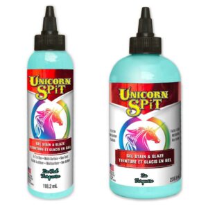 Cyan Unicorn SPiT - Zia Teal, allows anyone to turn ordinary objects into personalised MASTERPIECES! Use on wood, glass, metal, fabric, pottery, wicker, concrete and laminate. Ideal for creating new – or – refinishing thousands of projects. Excellent for crafters, hobbyists, DIYers and pros alike!CYAN PAINT, GEL STAIN and GLAZE in One!Make your project as opaque or vibrant as your dreams requireUse as a paint or dilute with water to create a gel, glaze, stain, white wash or antiquing tintPenetrates deep into bare wood grain or glazes over existing finishes, brightening and highlighting painted surfacesProvides a 3-dimensional effectJasmine scentedCyan Unicorn SPiT mixes with the Sparkling SPiT rangeWhite Paint, Gel & Stain < Back | Next > Green Paint, Gel & StainDIRECTIONS FOR USE AS A STAIN OR DYE:SHAKE BEFORE USING.Dilute Unicorn SPiT up to 50% with water to make stain. Diluting Unicorn SPiT with water allows you to control the opaqueness and absorption into the porous surface. Add 10 parts Unicorn Spit in a re-sealable container to be diluted with water. Test the dilution on a small, dry, clean and bare sample piece of the same substrate as your project, gradually adding up to 5 parts water until the desired effect is achieved.Apply the diluted Unicorn SPiT to the bare surface once it is completely void of all oil, sealer, dirt, grime, paint, stain, or anything that may inhibit the product from making contacting with the bare porous surface.Continue to add or blend multiple colours to the surface in separate areas creating designs to achieve the desired look.Allow to dry. Dry time is approximately 30-60 minutes (depending on material, humidity and temperature) or until a chalky finish appears.After drying, lightly buff the surface with a fine grade sand paper (120-220 grit) or extra-fine steel wool (following the grain) to remove any excess or clumps.Dust off thoroughly.Seal with any oil-based coating/sealer. For better protection and a higher gloss, repeat coats of sealer as indicated on the product instructions. High Gloss Sealers will help achieve a three dimensional look.TIPS TO CREATE VARIOUS FINISHES: Intermingle chalky paint finishes or metallic spray paint with Unicorn SPiT to achieve unique finishes. Topcoats must be oil-based. Water-based coatings will alter the look of Unicorn SPiT.DIRECTIONS FOR USE AS A LIGHT GLAZE, WHITE WASH OR ANTIQUING AGENT:SHAKE BEFORE USINGDilute Unicorn SPiT up to 30% with water to make a light glaze, white wash or antiquing agent. Diluting Unicorn SPiT with water allows you to control the opaqueness. Add 10 parts Unicorn Spit in a re-sealable container to be diluted with water. Test the dilution on a small, dry, clean sample piece of the same substrate as your project, gradually adding up to 3 parts water until the desired effect is achieved.Apply the diluted Unicorn SPiT to the surface once it is completely void of all oil, dirt, grime, paint, stain, or anything that may inhibit the product from making contact with the surface to antique, age, paint, highlight or lowlight.Continue to add or blend multiple colours to the surface in separate areas creating designs to achieve the desired look.Once dry, use a soft (dry or damp) cloth to polish away Unicorn SPiT until your desired effect has been achieved.Apply to unsealed chalk or mineral style paint to create custom colour highlighting and lowlighting before sealing.Allow to dry. Dry time is approximately 30-60 minutes (depending on material, humidity and temperature) or until a chalky finish appears.Seal with any oil-based coating/sealer. For better protection and a higher gloss, repeat coats of sealer as indicated on the product’s instructions. High Gloss Sealers will help achieve a three dimensional look.CUSTOM COLOURS: Most water-based paints (chalk style or mineral based) can be mixed with Unicorn SPiT to create custom colours.If you have any further questions then visit our Unicorn SPiT FAQ SectionSafety Data Sheet can be download here.