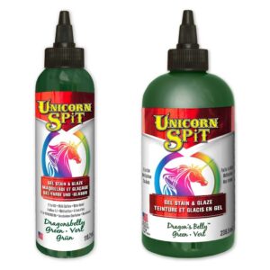 Green Unicorn SPiT - Dragons Belly, allows anyone to turn ordinary objects into personalised MASTERPIECES! Use on wood, glass, metal, fabric, pottery, wicker, concrete and laminate. Ideal for creating new – or – refinishing thousands of projects. Excellent for crafters, hobbyists, DIYers and pros alike!GREEN PAINT, GEL STAIN and GLAZE in One!Make your project as opaque or vibrant as your dreams requireUse as a paint or dilute with water to create a gel, glaze, stain, white wash or antiquing tintPenetrates deep into bare wood grain or glazes over existing finishes, brightening and highlighting painted surfacesProvides a 3-dimensional effectJasmine scentedGreen Unicorn SPiT mixes with the Sparkling SPiT rangeCyan Paint, Gel & Stain < Back | Next > Blue Paint, Gel & StainDIRECTIONS FOR USE AS A STAIN OR DYE:SHAKE BEFORE USING.Dilute Unicorn SPiT up to 50% with water to make stain. Diluting Unicorn SPiT with water allows you to control the opaqueness and absorption into the porous surface. Add 10 parts Unicorn Spit in a re-sealable container to be diluted with water. Test the dilution on a small, dry, clean and bare sample piece of the same substrate as your project, gradually adding up to 5 parts water until the desired effect is achieved.Apply the diluted Unicorn SPiT to the bare surface once it is completely void of all oil, sealer, dirt, grime, paint, stain, or anything that may inhibit the product from making contacting with the bare porous surface.Continue to add or blend multiple colours to the surface in separate areas creating designs to achieve the desired look.Allow to dry. Dry time is approximately 30-60 minutes (depending on material, humidity and temperature) or until a chalky finish appears.After drying, lightly buff the surface with a fine grade sand paper (120-220 grit) or extra-fine steel wool (following the grain) to remove any excess or clumps.Dust off thoroughly.Seal with any oil-based coating/sealer. For better protection and a higher gloss, repeat coats of sealer as indicated on the product instructions. High Gloss Sealers will help achieve a three dimensional look.TIPS TO CREATE VARIOUS FINISHES: Intermingle chalky paint finishes or metallic spray paint with Unicorn SPiT to achieve unique finishes. Topcoats must be oil-based. Water-based coatings will alter the look of Unicorn SPiT.DIRECTIONS FOR USE AS A LIGHT GLAZE, WHITE WASH OR ANTIQUING AGENT:SHAKE BEFORE USINGDilute Unicorn SPiT up to 30% with water to make a light glaze, white wash or antiquing agent. Diluting Unicorn SPiT with water allows you to control the opaqueness. Add 10 parts Unicorn Spit in a re-sealable container to be diluted with water. Test the dilution on a small, dry, clean sample piece of the same substrate as your project, gradually adding up to 3 parts water until the desired effect is achieved.Apply the diluted Unicorn SPiT to the surface once it is completely void of all oil, dirt, grime, paint, stain, or anything that may inhibit the product from making contact with the surface to antique, age, paint, highlight or lowlight.Continue to add or blend multiple colours to the surface in separate areas creating designs to achieve the desired look.Once dry, use a soft (dry or damp) cloth to polish away Unicorn SPiT until your desired effect has been achieved.Apply to unsealed chalk or mineral style paint to create custom colour highlighting and lowlighting before sealing.Allow to dry. Dry time is approximately 30-60 minutes (depending on material, humidity and temperature) or until a chalky finish appears.Seal with any oil-based coating/sealer. For better protection and a higher gloss, repeat coats of sealer as indicated on the product’s instructions. High Gloss Sealers will help achieve a three dimensional look.CUSTOM COLOURS: Most water-based paints (chalk style or mineral based) can be mixed with Unicorn SPiT to create custom colours.If you have any further questions then visit our Unicorn SPiT FAQ SectionSafety Data Sheet can be download here.