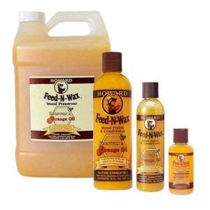 Howard Feed N Wax enhances the natural beauty and depth of grain in finished and unfinished wood. Polishes all wood surfaces to a soft lustre and protects with a coating of natural waxes. Prevents drying and deterioration of all wood finishes.Maintains the restored finish after using Restor-A-Finish®. Feed-N-Wax has a unique gel-like consistency making very easy to apply, it should be used every month or so or whenever the finish looks dry or faded. Recommended for finishes that are cracked or crazed to prevent further drying or deterioration and to help preserve the wood finish. On unfinished wood, helps introduce natural oils to the wood to prevent drying out.Our original blend of beeswax, Brazilian carnauba wax, mineral oil, and orange oil is the perfect product to enhance the natural beauty and depth of grain in all woods, finished and unfinished. Feed-N-Wax was developed as the best follow-up to Restor-A-Finish for maintaining the newly restored finish.Contains no silicone or linseed oils. Not intended for food-prep surfaces. For food-prep surfaces use Howard Butcher Block Conditioner or Cutting Board Oil.